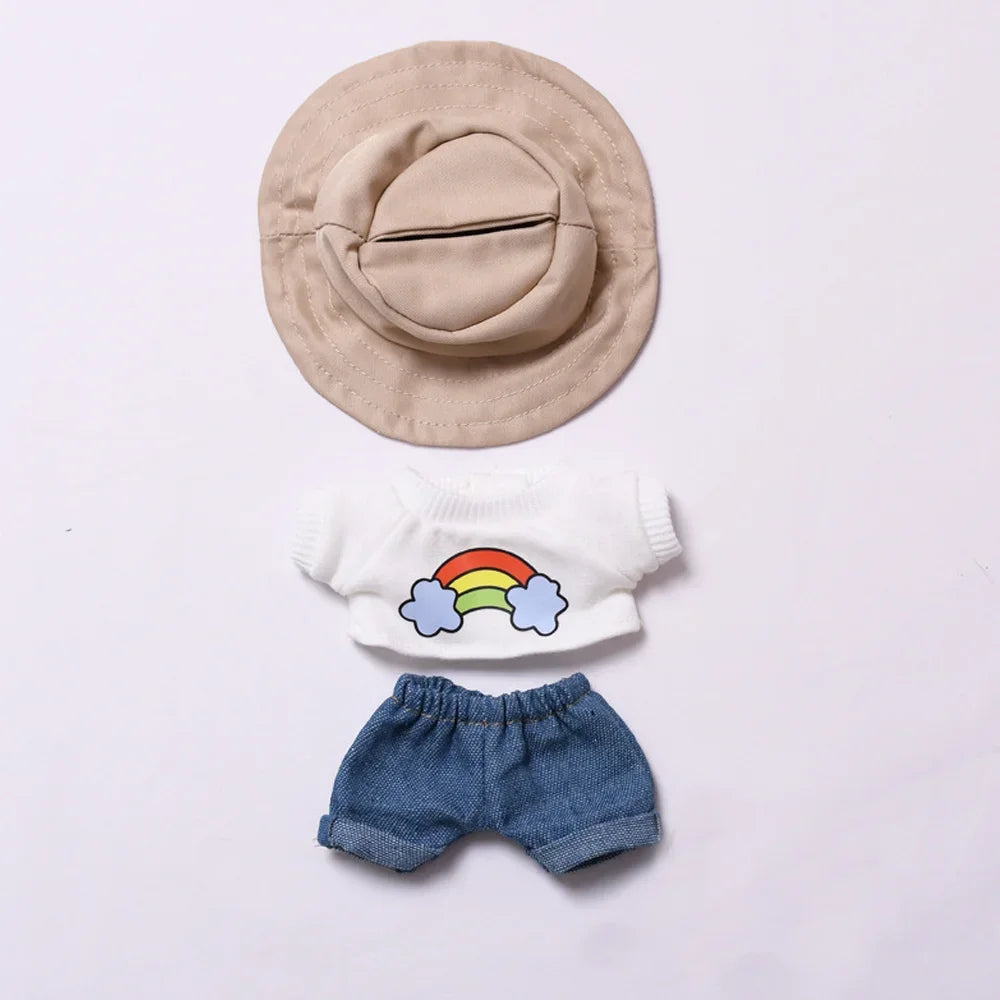 Plush Doll Clothes 17cm For Labubu Clothing Designer Rainbow White T Jeans Doll Clothes Set With Hat Glasses Toy Accessories