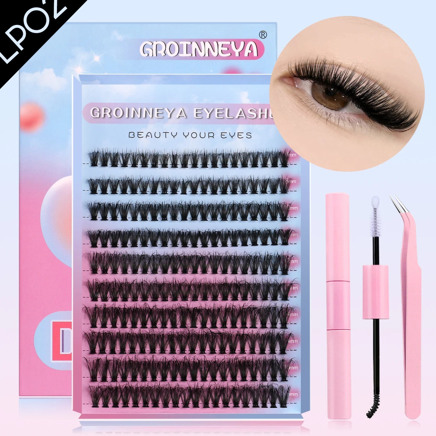 GROINNEYA DIY Lash Clusters Set Mixed Tray Lashes Kit Fluffy Individual Lashes Extension with Lash Bond and Seal At Home Makeup