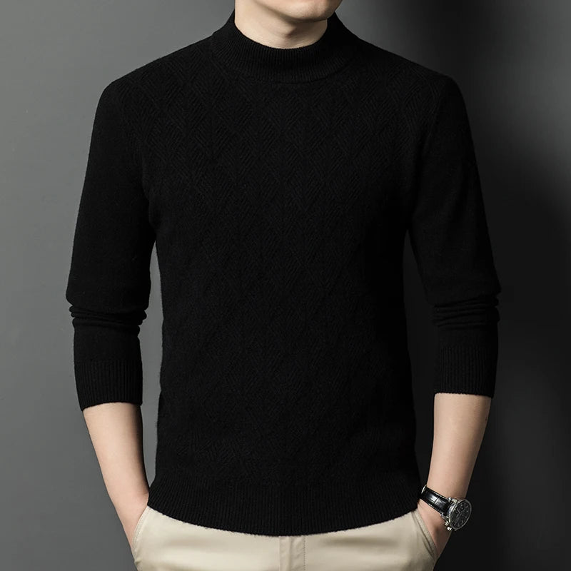 High Quality Winter Men's Mock Neck Knitted Sweater Solid Color Thick Warm Knit Pullovers Men Slim Fit Smart Casual Sweaters