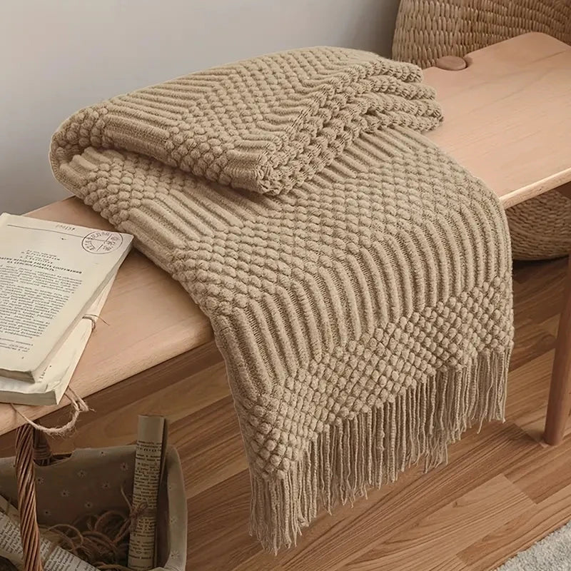 Khaki Gift Knitted Blanket with Tassels Chunky Vintage Luxury Farmhouse Throw Bedspread Oversized Blanket Cover Manta Para Sofá