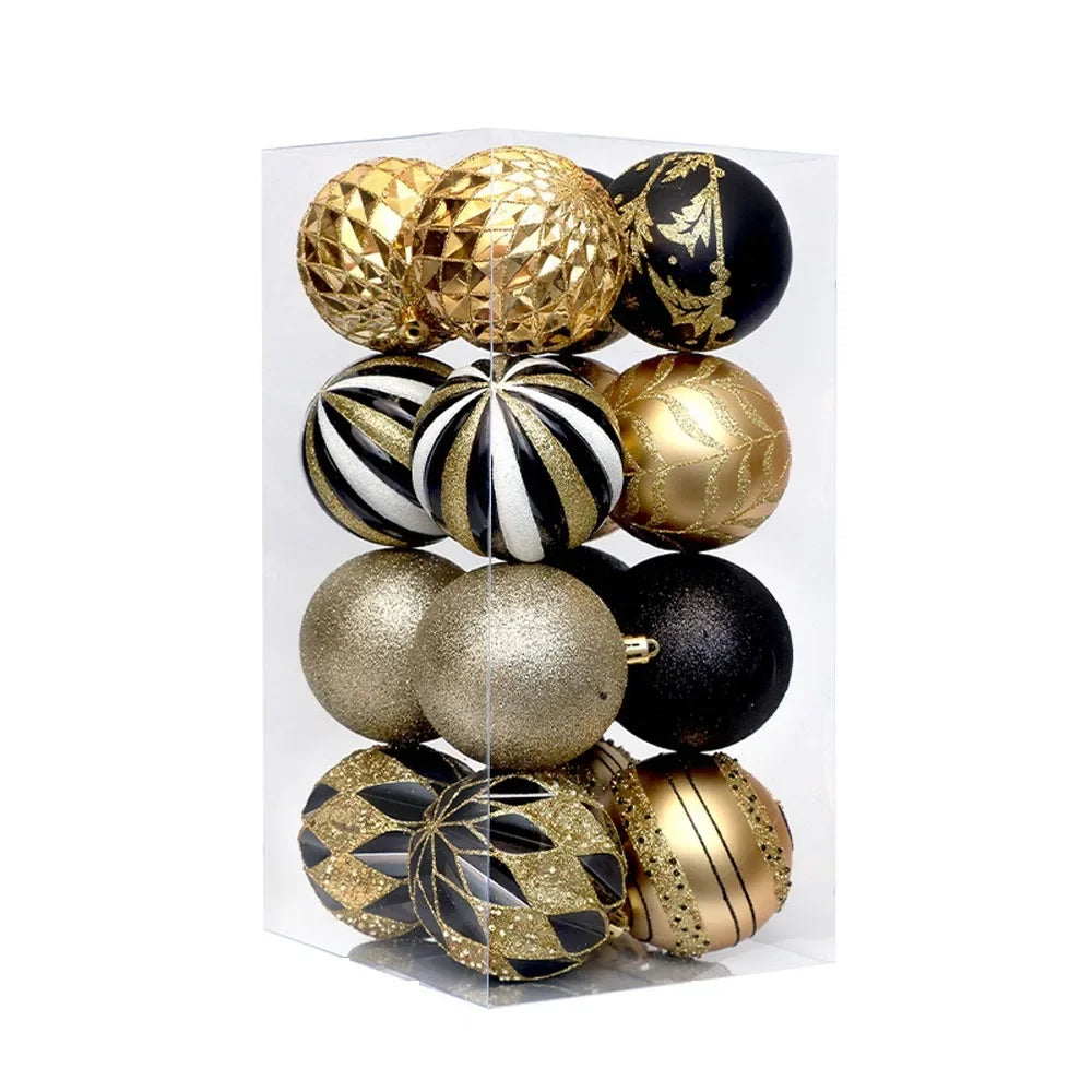 16 Pcs 8cm Painted Christmas Balls Set Cartoon Red Black Gold Electroplated Christmas Hanging Balls DIY Plastic