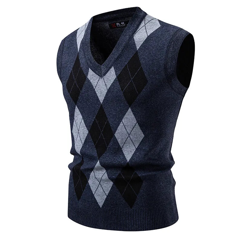 Men's Sleeveless Knit Vests Fashion Geometric Knitted Pullovers Men V-Neck Smart Casual Sweater Tank Tops Knitting Mens Clothing