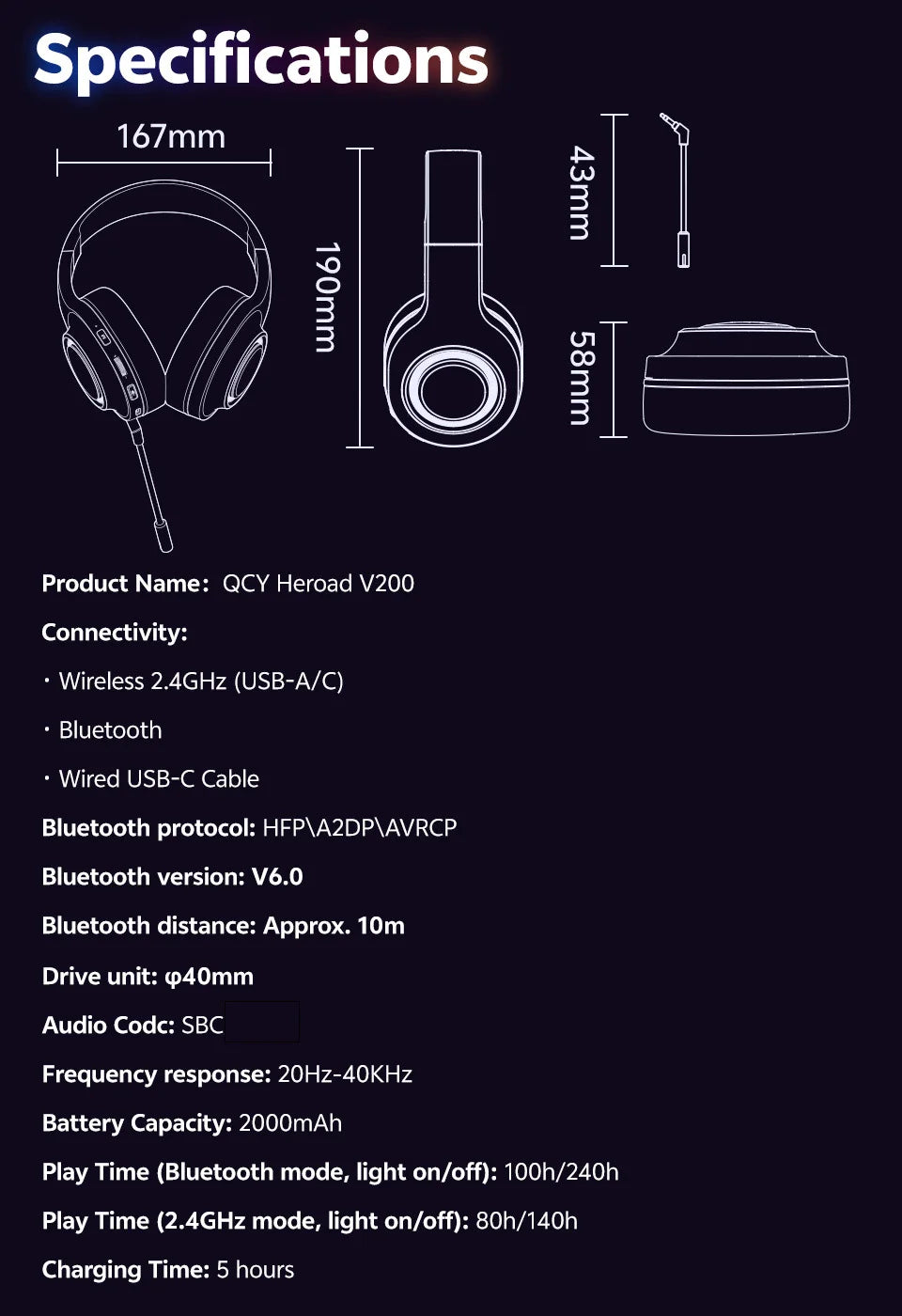 QCY Heroad V200 Gaming Over Ear Headphone Wireless Bluetooth 6.0 with Mic 50mm Driver 7.1 Surround Sound Dynamic EQ RGB Headset
