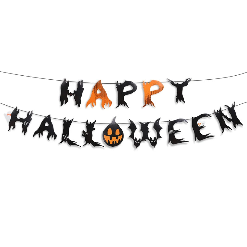 2025 Halloween Party Banner Hanging Pendants Bat Pumpkin Paper Garland Trick or Treat Happy Halloween Decoration Supplies Home