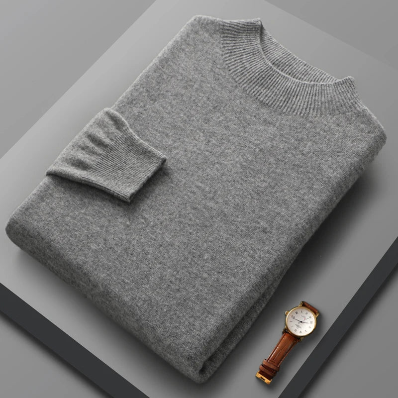 Autumn Winter Seamless Readymade Garments Men's Half High Neck Pullover Long Sleeve Loose Sweater 100% Wool Casual Knit Underlay