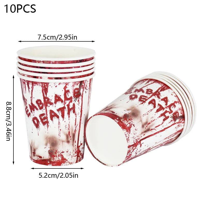 Halloween Party Disposable Tableware Scary Bloody Handprint Paper Plates Cups Popcorn Box For Halloween Horror Party Decor Props