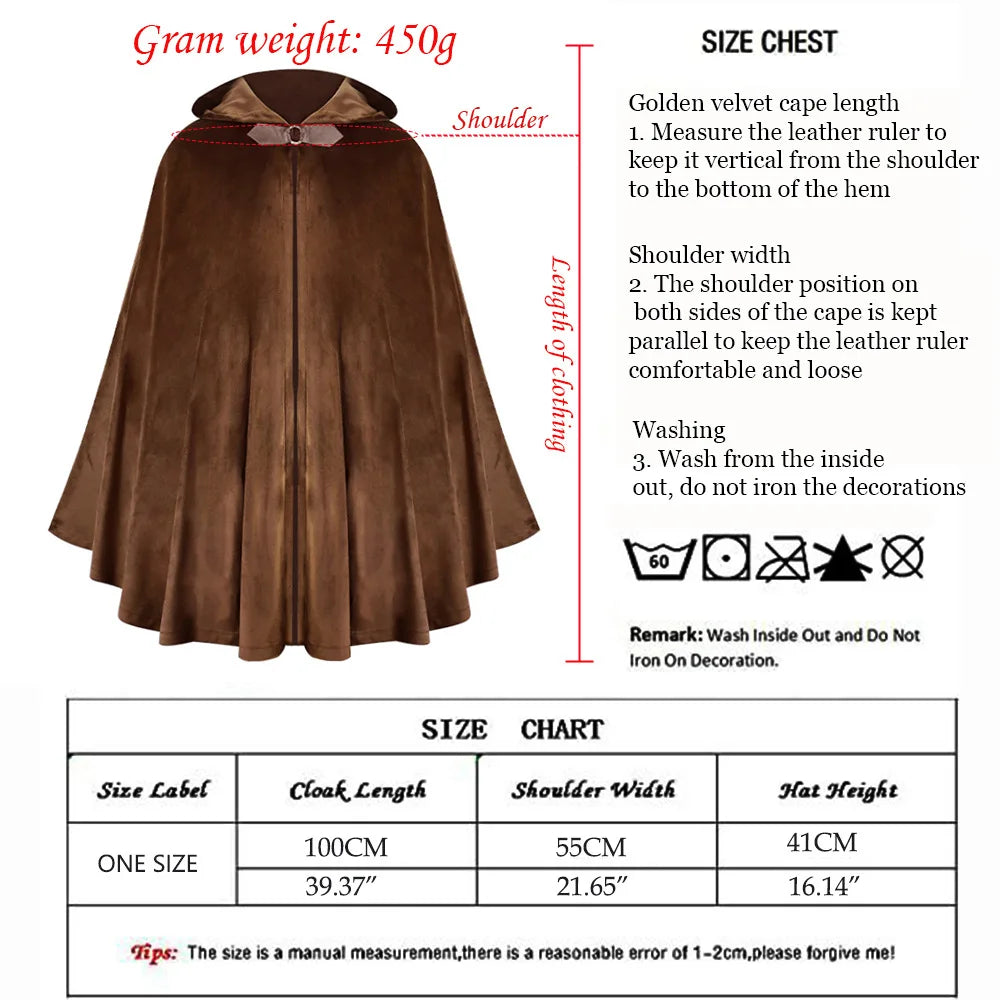 Men's Velvet Cloak with Hood, Renaissance Medieval Hooded Cloak for Women, Halloween Hood Cape with Metal Loop Clasp