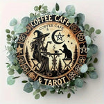 Waterproof Metal Sign - Witchy Coffee Tarot Theme (1 Piece) | Features Mysterious Witch, Cat,Pentagram & Crescent Moon Designs