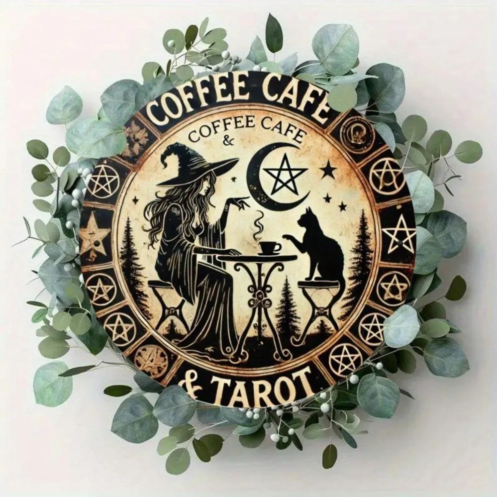Waterproof Metal Sign - Witchy Coffee Tarot Theme (1 Piece) | Features Mysterious Witch, Cat,Pentagram & Crescent Moon Designs