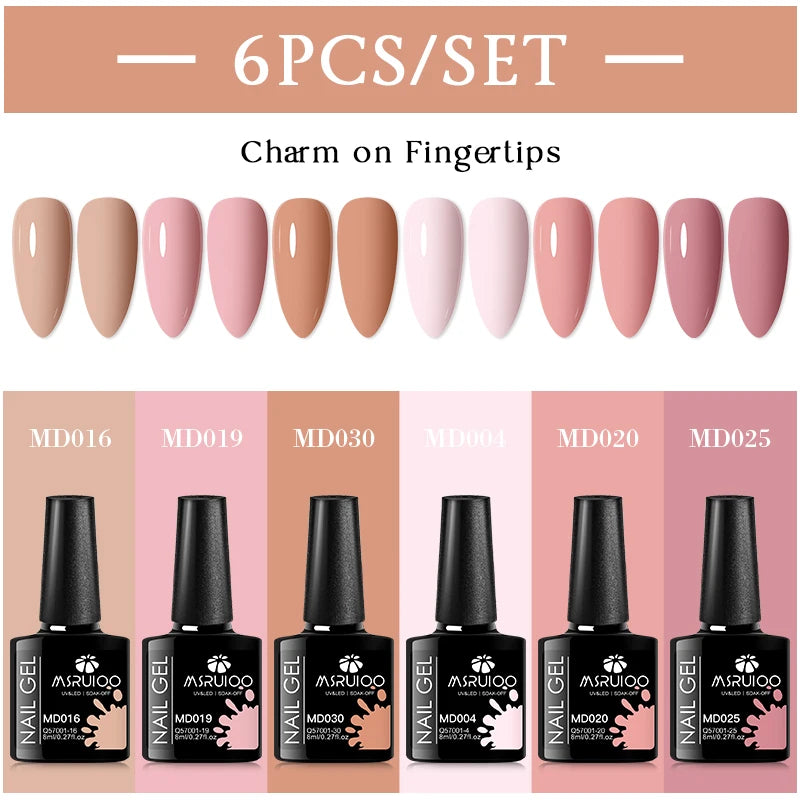 MSRUIOO 6pcs Nude Pink Gel Nail Polish Set Glitter Colorful Semi Permanent UV Gel Kits DIY Nail Art Painting Varnish Manicure