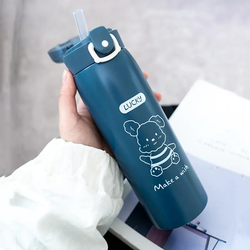 350ml/500ml Cartoon Stainless Steel Thermal Flask With Straw Portable Kids Cute Thermal Water Bottle