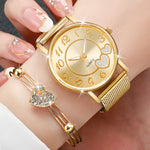 3/6PCS Fashion Heart Women's Watch Plastic Band Analog Golden Quartz Watches Butterfly Jewelry Set(Without Box)
