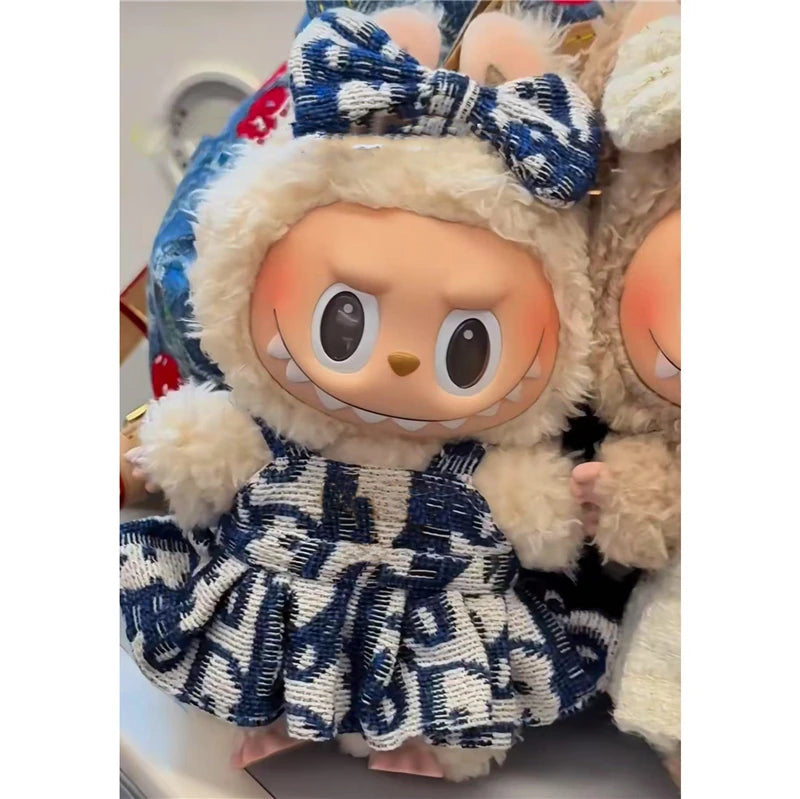 17cm For Labubu Doll Clothing Skirt Bowhair Accessory Set Retro Bib Pants Clothes Luxury Messenger Bag Shoes Set Sitting Party