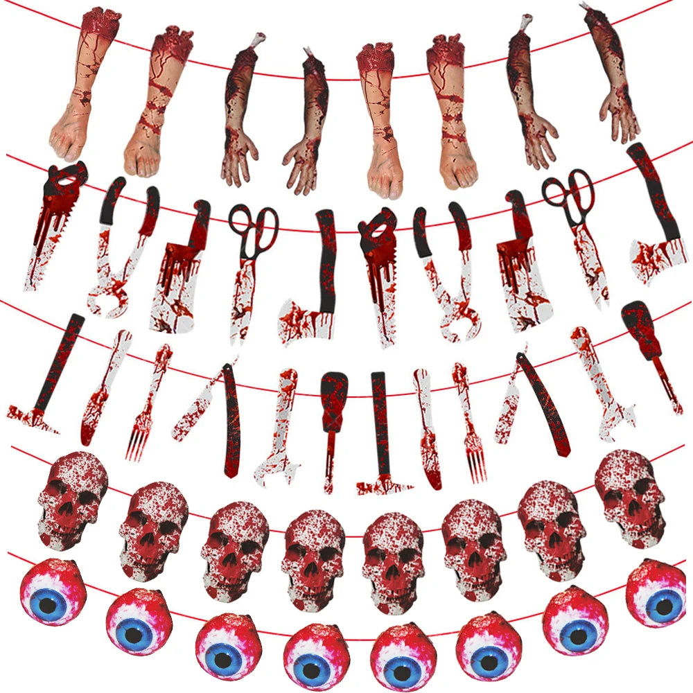 Halloween Terror Banner Blood Hand Foot Knife Skeleton Horror Flag Pulling Ghost Festival Decor Happy Halloween Party Decor