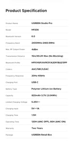 UGREEN Studio Pro 48dB ANC Wireless Headphones Over Ear Bluetooth Earphones Active Noise Cancellation Hi-Res LDAC 120h Playtime