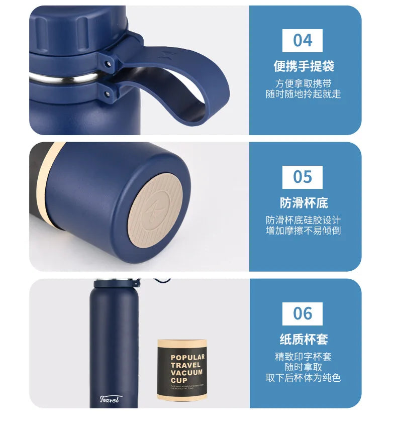 650ML 850ML 1100ML Thermos Double Stainless Steel Sport Vacuum Flask Outdoor Climbing Fitness Thermal Bottle Tea Insulation Cup