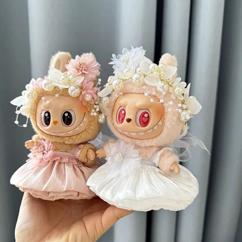 Luxury Plush Wedding Dress Dolls Clothes for Labubu I II Korea Style Fluffy Romantic Wedding Dress Flower Hat Suit for Ladbubu