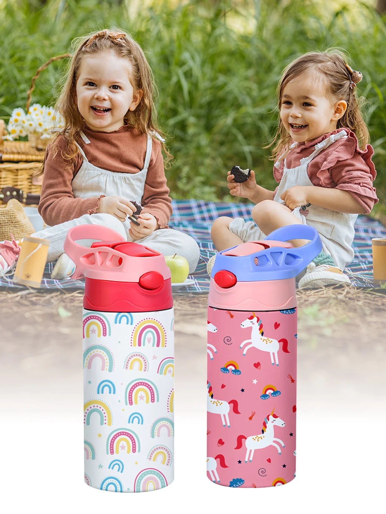 12OZ/350ml Cartoon Pattern Thermos Cup Stainless Steel Insulated Bottle Children Thermos Kettle Outdoor Portable Handheld Cup