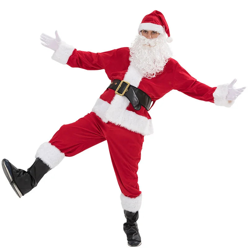 Santa Claus Costume Christmas Complete Dress-Up Outfit For Adult Santa Suit With Hat Men Cosplay Costumes 7PCS
