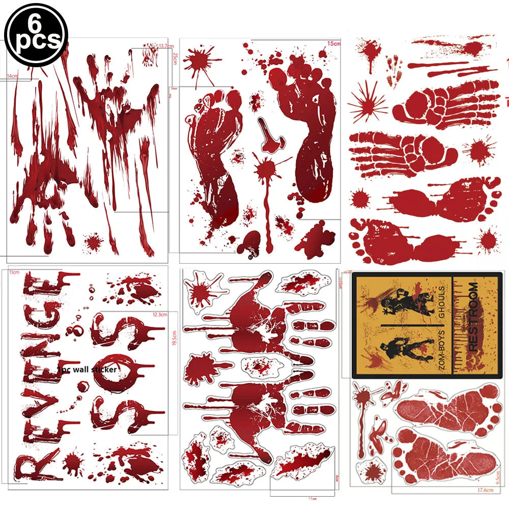 Halloween Wall Doors Windows Stickers Blood Handprint Footprint Skull Pattern Halloween Party Scene Decor Supplies Horror Props