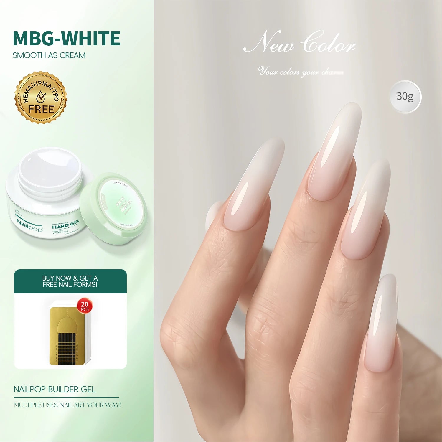 Nailpop HEMA-FREE Builder Gel 30g for Nail Extension Milky Smooth Clear/Pink Long Lasting Quick Building Soak Off UV Nail Gel