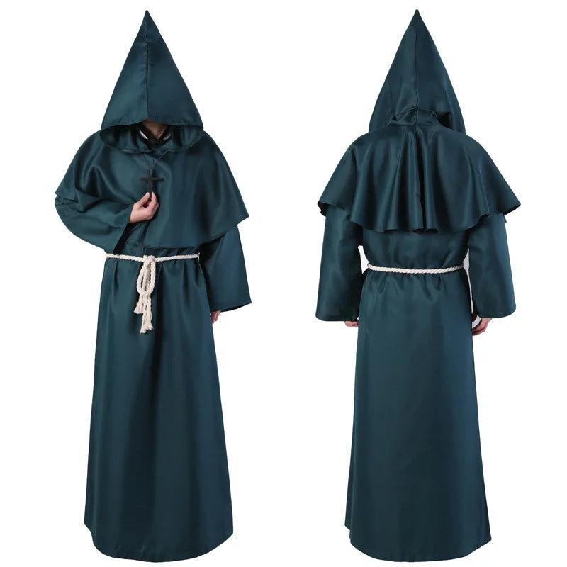 Adult Medieval Wizard Robe with Hood Halloween Priest Costume Gothic Cloak for Cosplay Performance Includes Belt and Cross