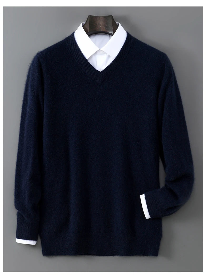 V-Neck Men's 100% Pure Wool Pullover Knitted Sweater, Business Casual Solid Color Simple Long Sleeved Fashionable Loose Warm Top