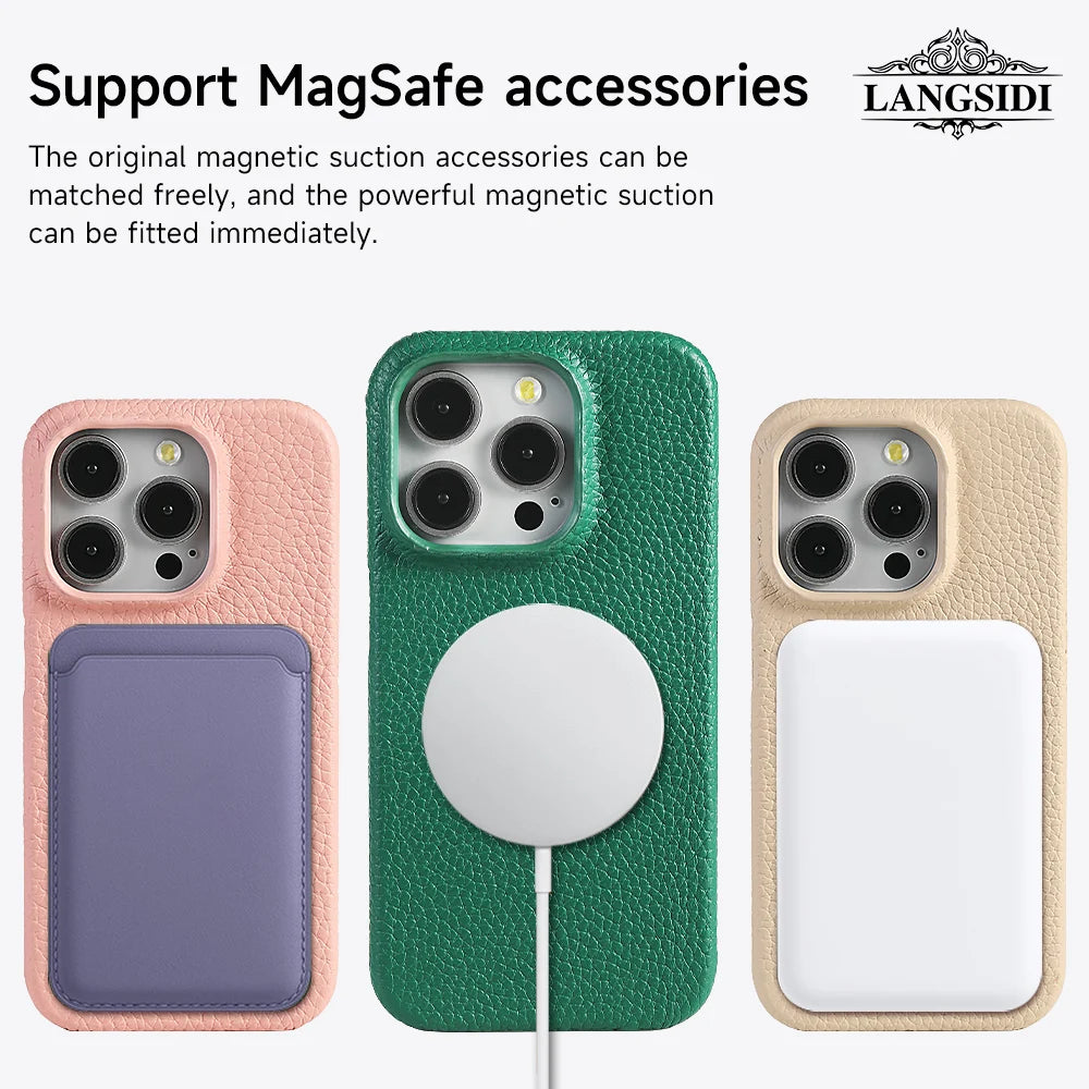 for Magsafe Case for iPhone 17 15 16 Pro Max Air 16Pro Natural Cowhide Lychee Leather Magnetic Protector Luxury Phone Back Cover