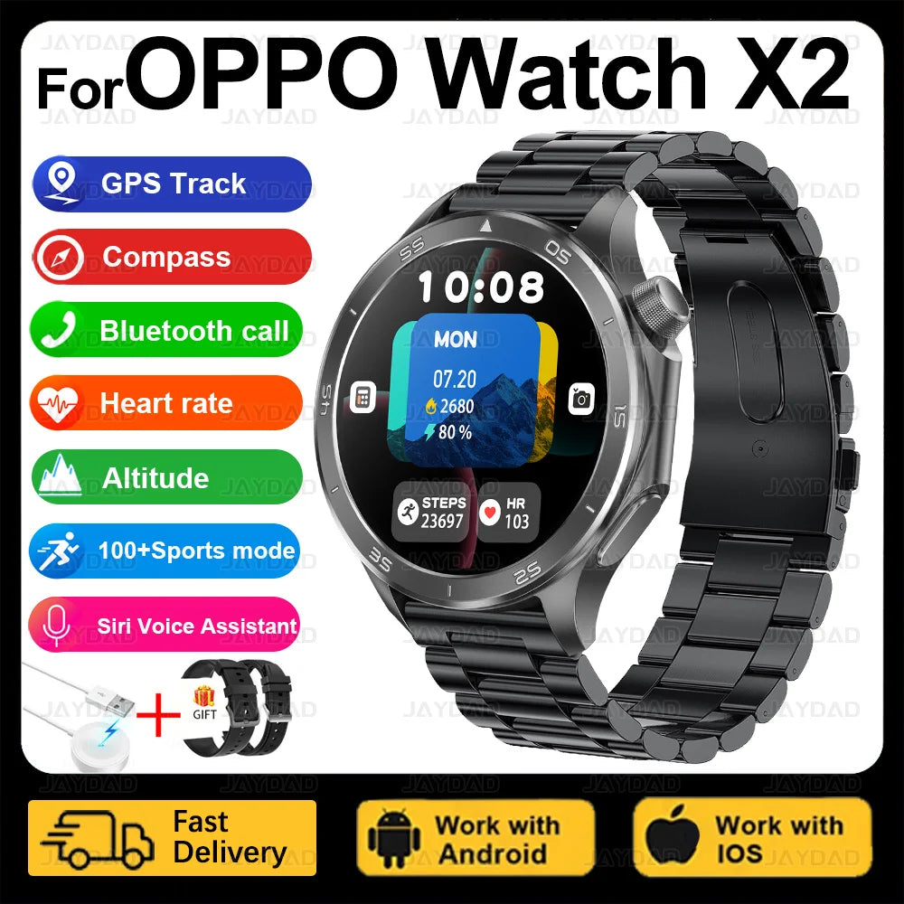 2025 New For OPPO Watch X2 Smart Watch Men AMOLED Outdoor Fashion GPS Compass Heart rate Waterproof Bluetooth Call Smartwatches