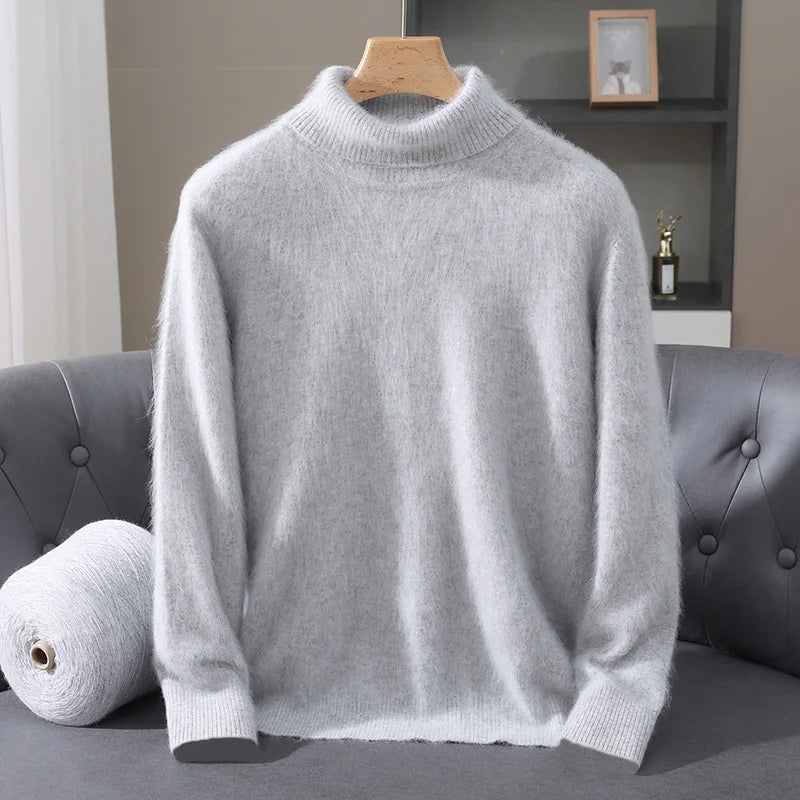 Autumn Winter Men's High Neck Pullover Knitted Sweater 100% Mink Cashmere Long Sleeved Loose Business Casual Warm Top New Styles
