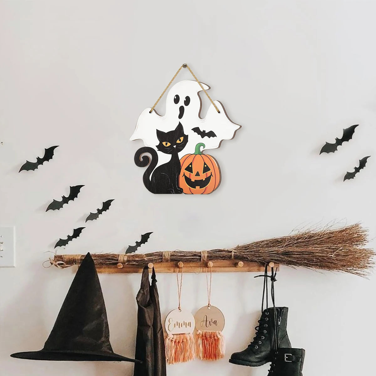 Halloween Decorative Wooden Sign with Ghost, Black Cat, Pumpkin and Bat - Perfect for Seasonal Home Decoration