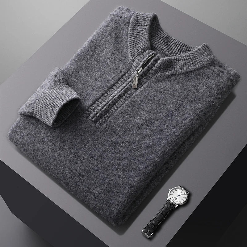 100% pure wool sweater round neck men's thick solid color long sleeved pullover sweater zipper wool knit winter cashmere sweater