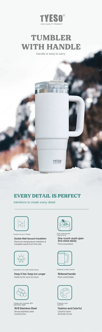Tyeso 900/1200ML Tumbler Bottle Stainless Steel Car Mug With Handle Straw Thermal Iced Travel Vacuum Insulated Coffee Hot Cup