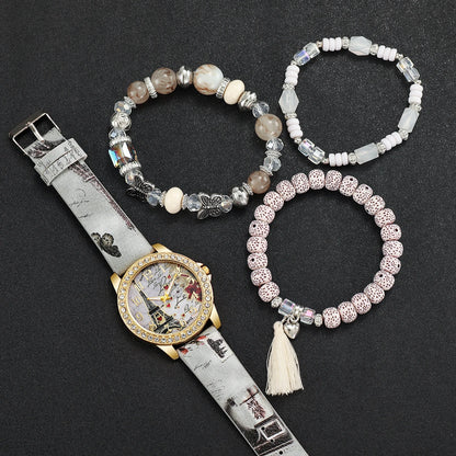 3/4/5PCS Fashion Rhinestone Women's Watch Flowers Printed Leather Band Female Quartz Watches Bracelets Set（Without Box）