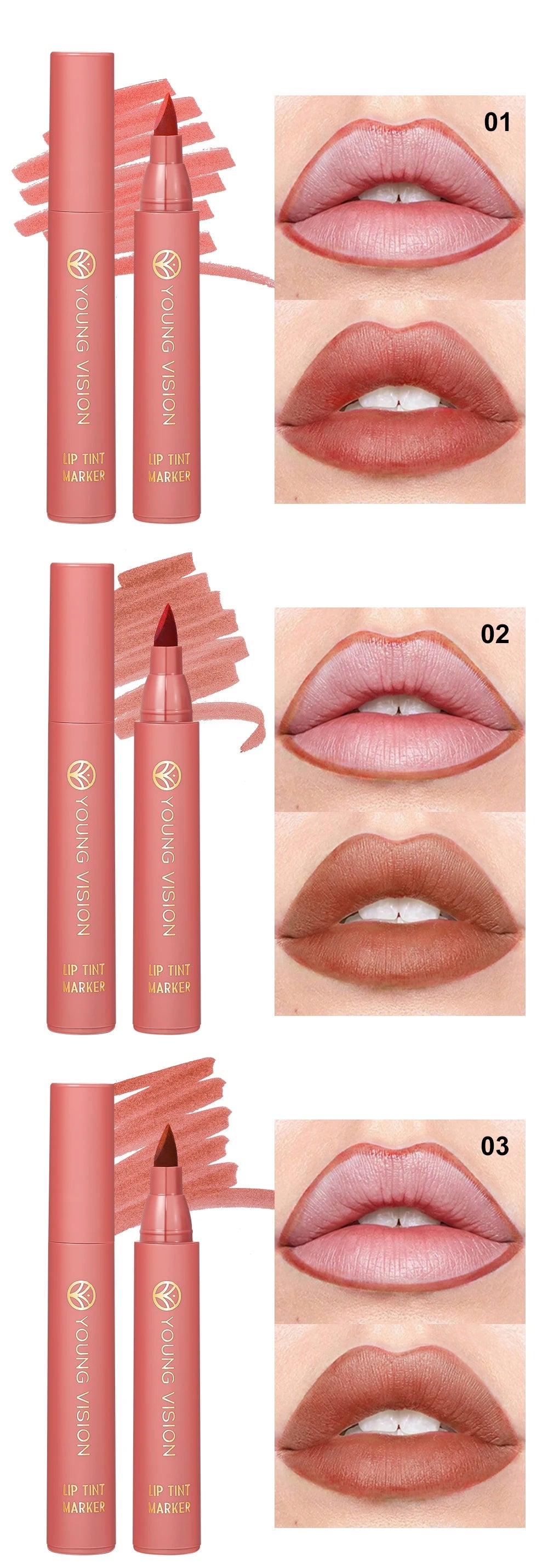 Lip Tint Pen, 6 Colors Available, Matte Water Lipstick, Non-Stick Cup, Long-Lasting, Smooth Lip Liner and Lip Stain Combo