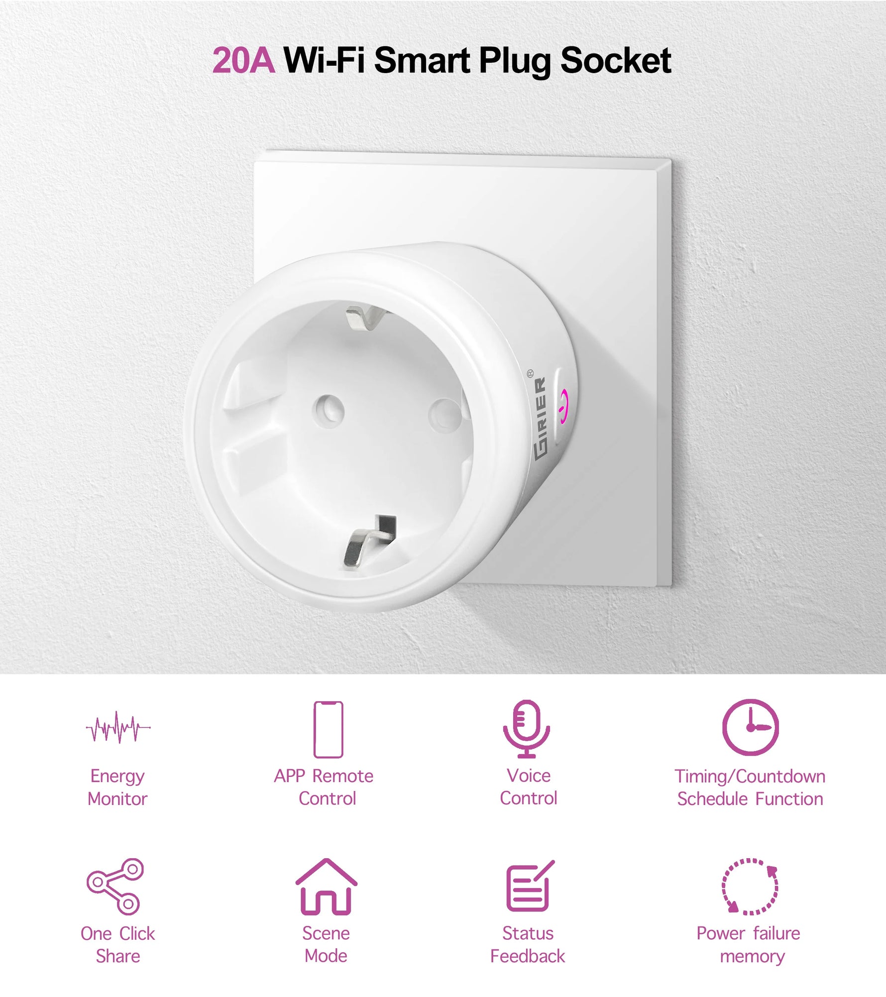 GIRIER Tuya Smart Wifi Plug EU with Power Monitoring 20A Smart Socket Outlet 4200W Compatible with Alexa Hey Google Yandex Alice