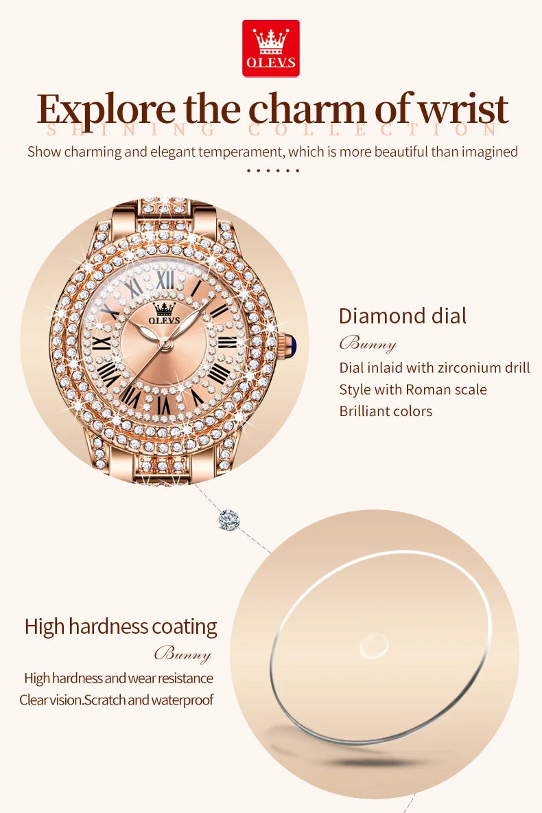 OLEVS Women's Watches Fashion Original Quartz Wrist Watch for Ladies Roman Dial Dazzling Diamond Waterproof Luminous Luxury New
