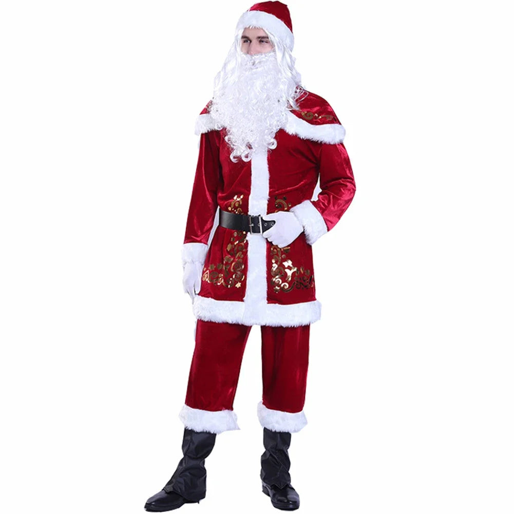 Red Deluxe Velvet Fancy 8pcs Set Xmas Party Man  Santa Claus Suit Adult Cosplay Costume