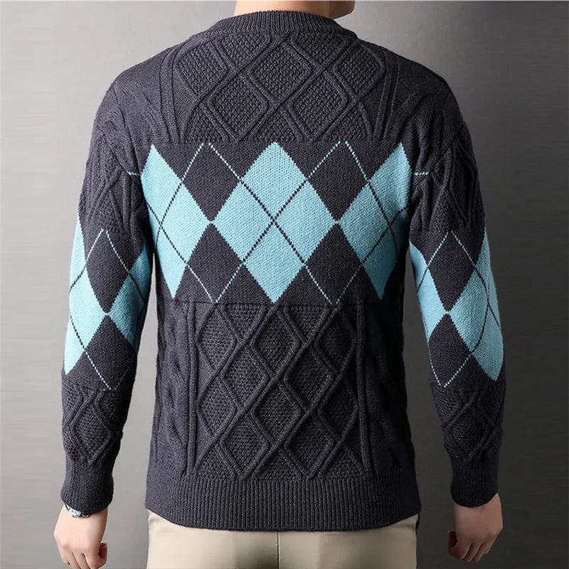 High Quality Thick Mens Sweater Fashion Argyle Mock Neck Knitted Pullovers Autumn Winter Patchwork Warm Casual Knit Sweater Men