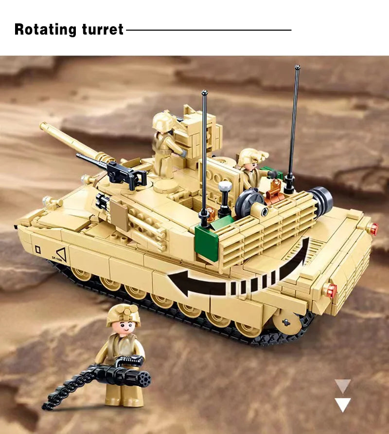 SLUBAN World War II 2 Military USA Abrams M1A2 Battle Tank Chariot Building Blocks Army Classic Accessories Model Kids Gift Toys