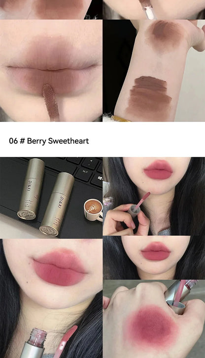 DIXI Mini Silver Tube Matte Lip Glaze — Velvet Finish, Skin-Enhancing, Versatile Low-Saturation Latte Shade