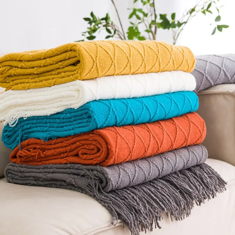 Khaki Gift Knitted Blanket with Tassels Chunky Vintage Luxury Farmhouse Throw Bedspread Oversized Blanket Cover Manta Para Sofá