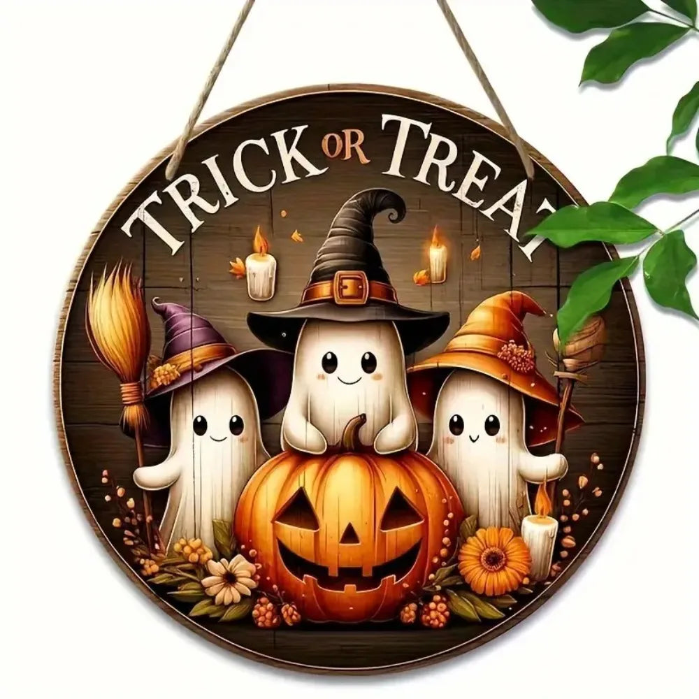 Halloween Round Wooden Signage - Cute Ghost, Pumpkin, Witch Hat Design, Suitable for Home, Door, Garden, Halloween Decoration
