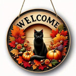 Autumn Round Welcome Sign, Black Cat & Fall Harvest Elements (Pumpkins, Maple Leaves), Wooden Hanging Wall Decor for Home Porch