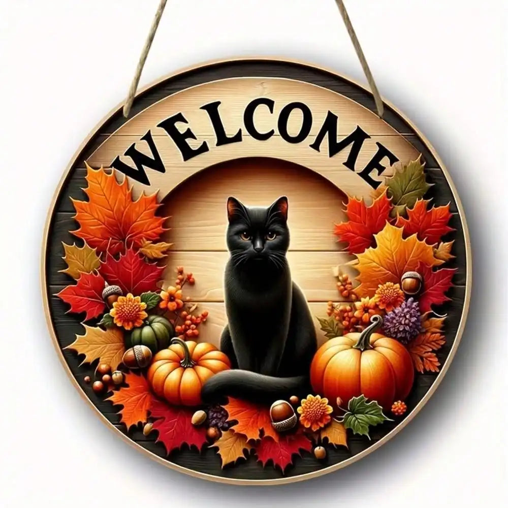 Autumn Round Welcome Sign, Black Cat & Fall Harvest Elements (Pumpkins, Maple Leaves), Wooden Hanging Wall Decor for Home Porch