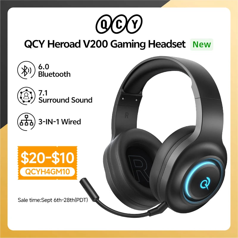 QCY Heroad V200 Gaming Over Ear Headphone Wireless Bluetooth 6.0 with Mic 50mm Driver 7.1 Surround Sound Dynamic EQ RGB Headset