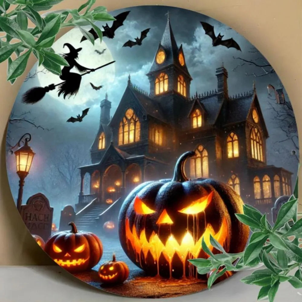 Vintage Halloween Metal Sign - Aluminum Plaque Featuring Ghosts, Pumpkins, Castles & Witch Silhouettes | Perfect for Man Caves,