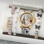 3/4/5PCS Fashion Rhinestone Women's Watch Flowers Printed Leather Band Female Quartz Watches Bracelets Set（Without Box）
