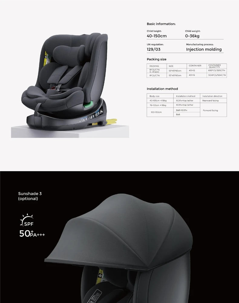 Child seat 360° ISOFIX rotating baby car seat, ECE R129/0-36 kg/0-12 years, 5-point seat belt