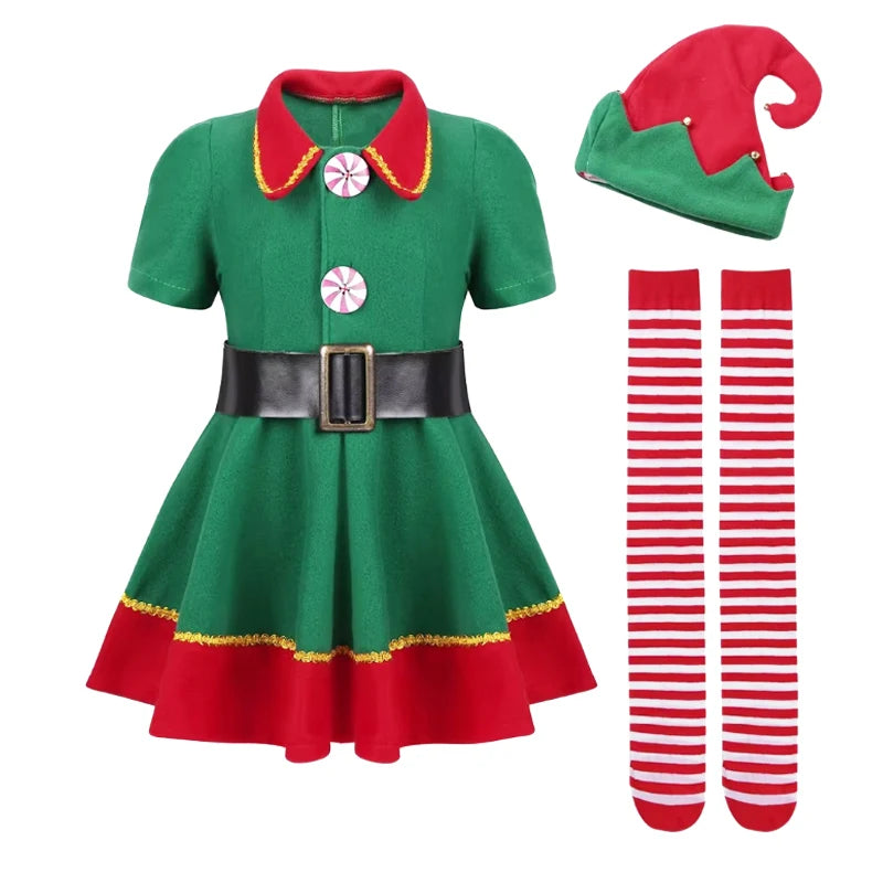 New Year Elf Costume For Kids Girl Boy Green Santa Claus Suit Set With Hat Children Fancy Christmas Party Dress Set Performance
